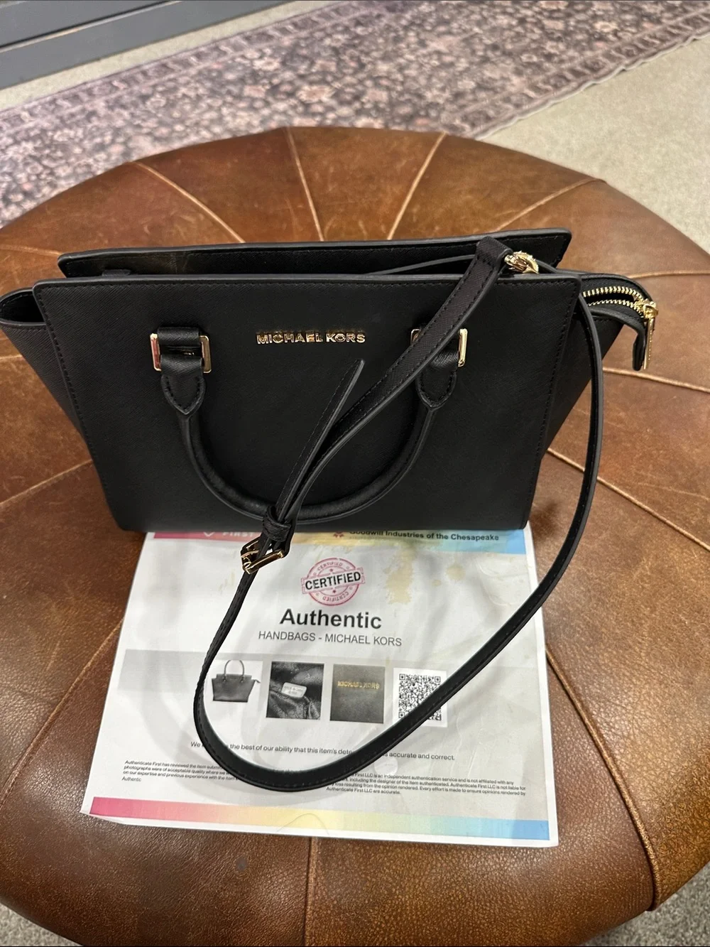 MICHAEL KORS Black Saffiano Leather Satchel with Gold Hardware
